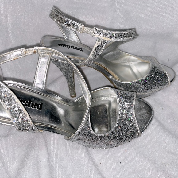 Unlisted Silver Sparkle Platform Strap Stiletto Heels Plus Size 11 - Picture 3 of 5